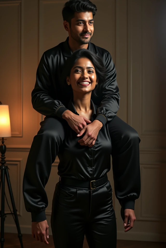 Create a scene where inside a room a fair, smiling and beautiful Indian woman in black satin jacket is carrying a large man on her shoulders, man is sitting on her shoulders , dynamic lighting