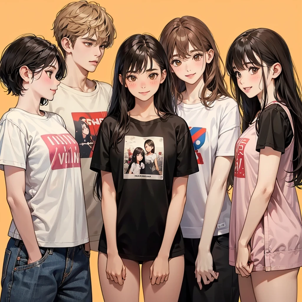 four girls, black hair, long hair, shill, Bob, smile, Still face,Light blush on the cheeks, brown eyes, simple background, high resolution, brown hair, Stand in line., Wear a t-shirt