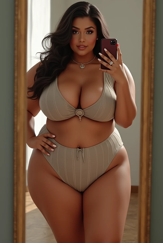 A curvy woman with big thighs and a wide waist taking a selfie 
