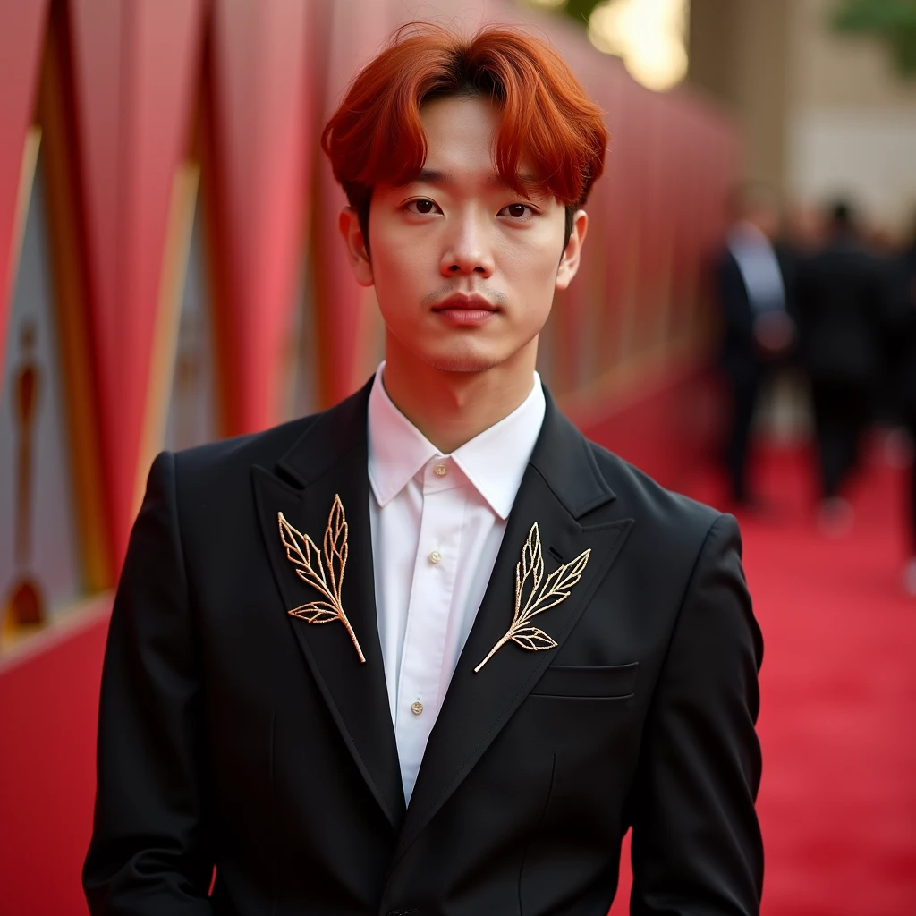 Red-haired Korean male singer with short, straight hair, on a red carpet wearing a suit with elegant leaf details  