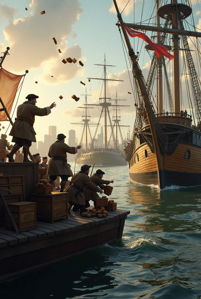 Some Americans are dropping tea into the water in front of some Britishers on their ships in Boston.