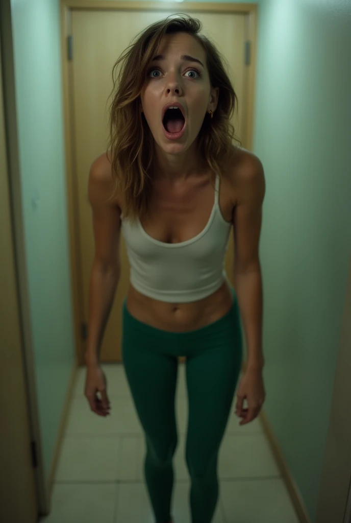 photo, woman, ((peeing self)), standing, green leggings, shocked, looking at camera, inside