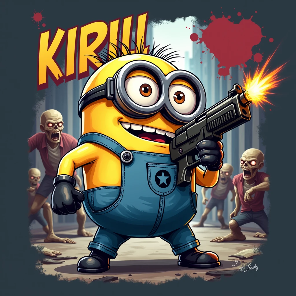 Minion with the name Kirill on a t-shirt, A jock who shoots zombies