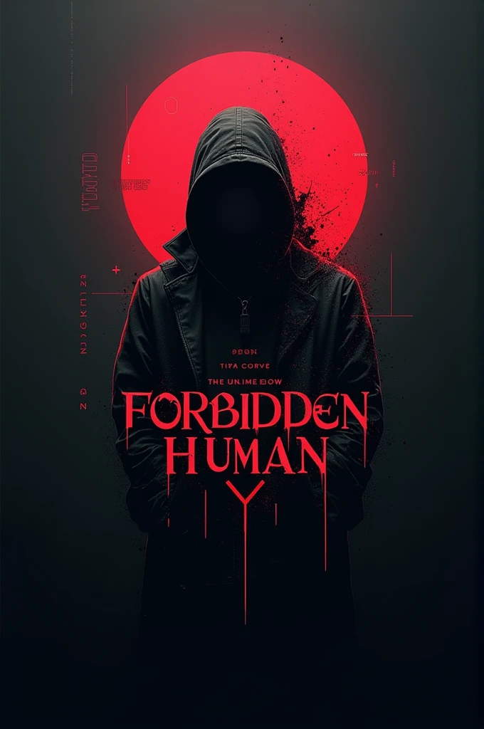 Create a logo for a brand titled "Forbidden Human." The design should evoke a sense of mystery and intrigue, blending elements of futuristic and dystopian themes. The central focus could be a stylized human figure or silhouette that appears to be partially obscured or fragmented, with subtle mechanical or digital elements integrated into the design. The color scheme should be dark and moody, utilizing deep shades like black, dark gray, and crimson, with metallic or neon accents to add a modern, edgy feel. The font for the title "Forbidden Human" should be bold and sharp, possibly with a slightly distorted or glitchy effect to enhance the sense of something forbidden or off-limits.