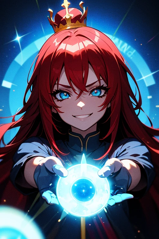 Princesa das trevas com os olhos de sangue, red hair, crown, evil smile, anime style, lens flare, high detail, first-person view, cinematic lighting, masterpiece, super detail, best quality, 8k, UHD