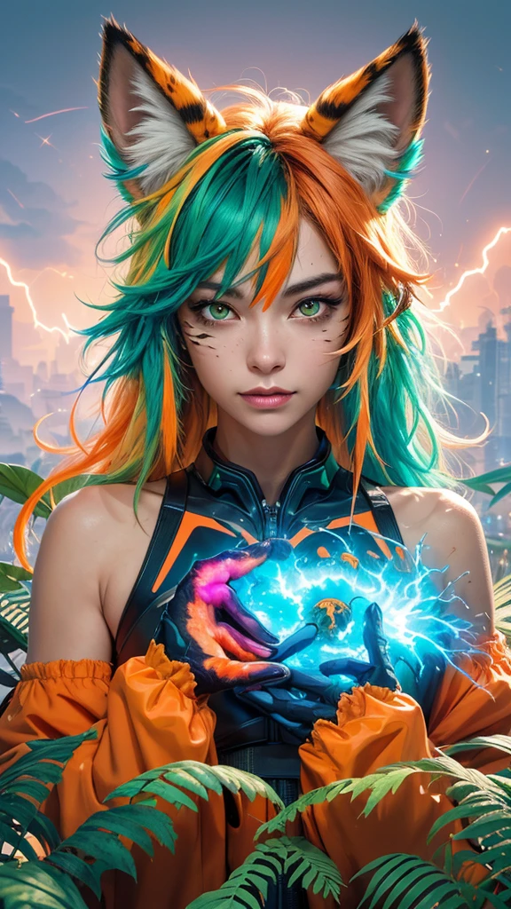 (masterpiece:1.1), (highest quality:1.1), (HDR:1.0), extreme quality, cg, (negative space), detailed face+eyes, 1girl, fox ears, animal ear fluff, (plants:1.18), (fractal art), (bright colors), splashes of color background, colors mashing, paint splatter, complimentary colors, neon, (thunder tiger), compassionate, electric, limited palette, synthwave, fine art, tan skin, upper body, (green and orange:1.2), time stop, sy3, SMM