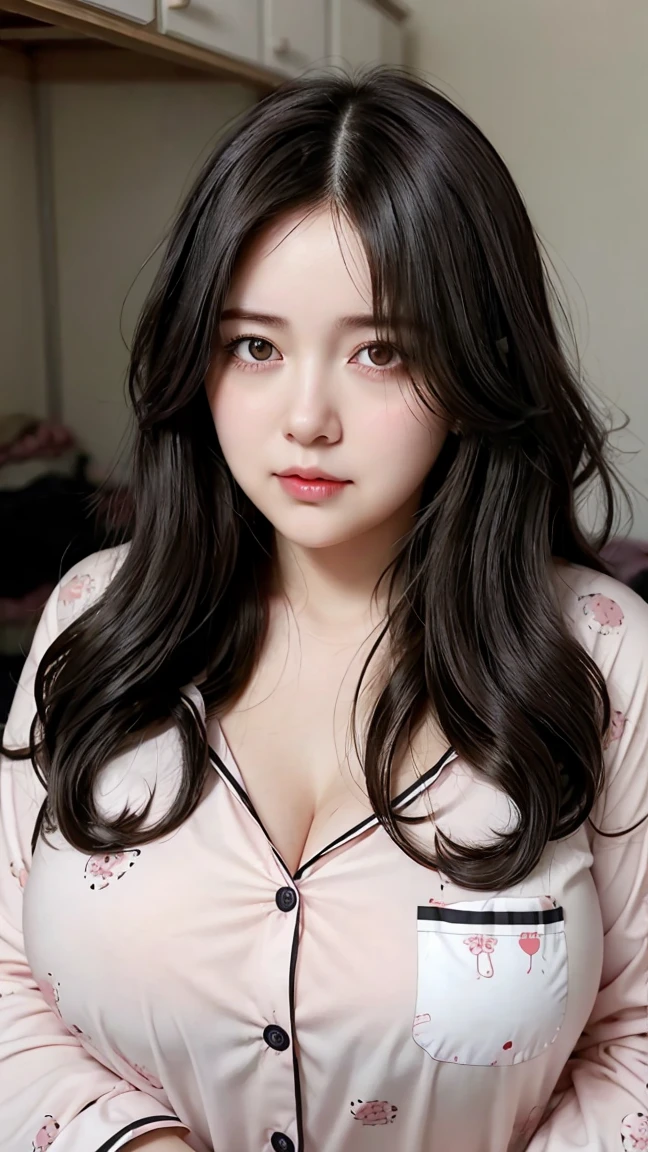 1 girl,perfect ,black hair, long hair, (hair on one eye:1.4), messy hair, hair between the eyes, Hair clips,chubbyfat, chubby,fat, Sagging breasts, Cute print pajamas, Shy, cute blush , bedroom