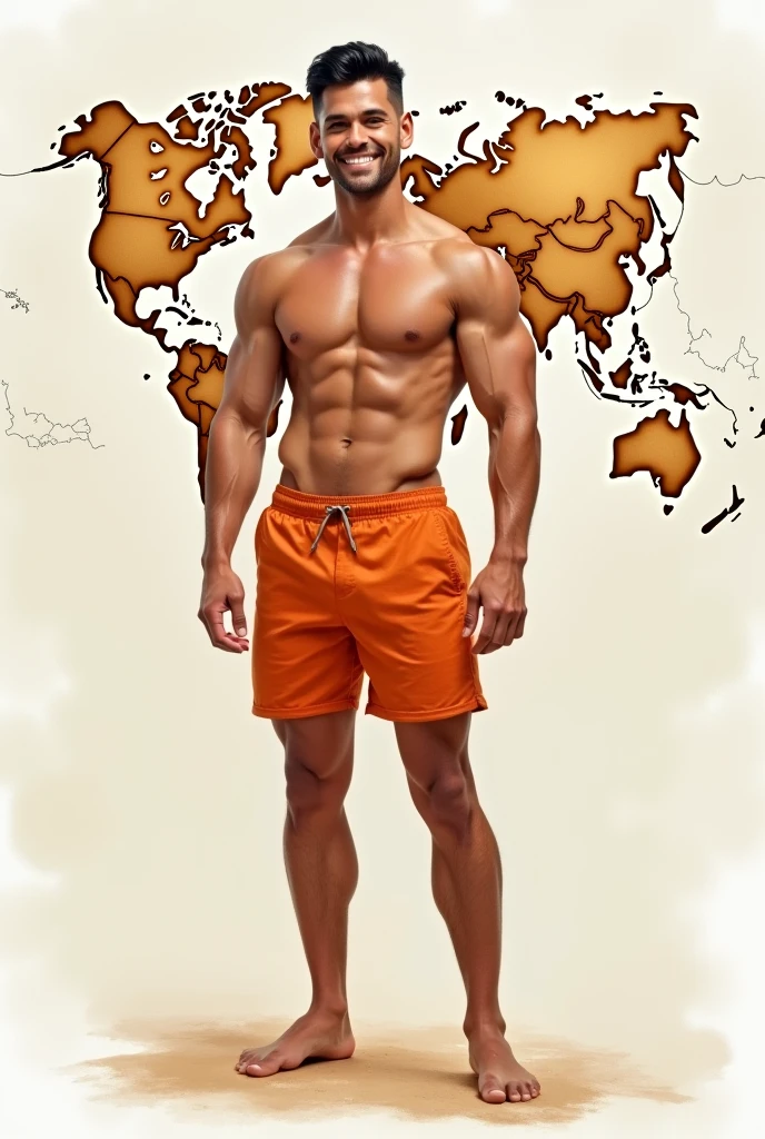 Ultra detailed illustration, (( young man in Roberto Ferri style, Latino, slim toned fitness body, defined muscles, perfect anatomy, short black wavy hair, Roman nose, thin lips, square chin, diamond shaped face, barefoot, shirtless, wearing orange shorts, standing smiling starting to the model 5 0 0 px, Nikon d 8 5 0 camera, ) (watercolors soft neutral colors background, ultra intrincate detailed comercial routs mapa mundi) evokes masculine hard work and confident