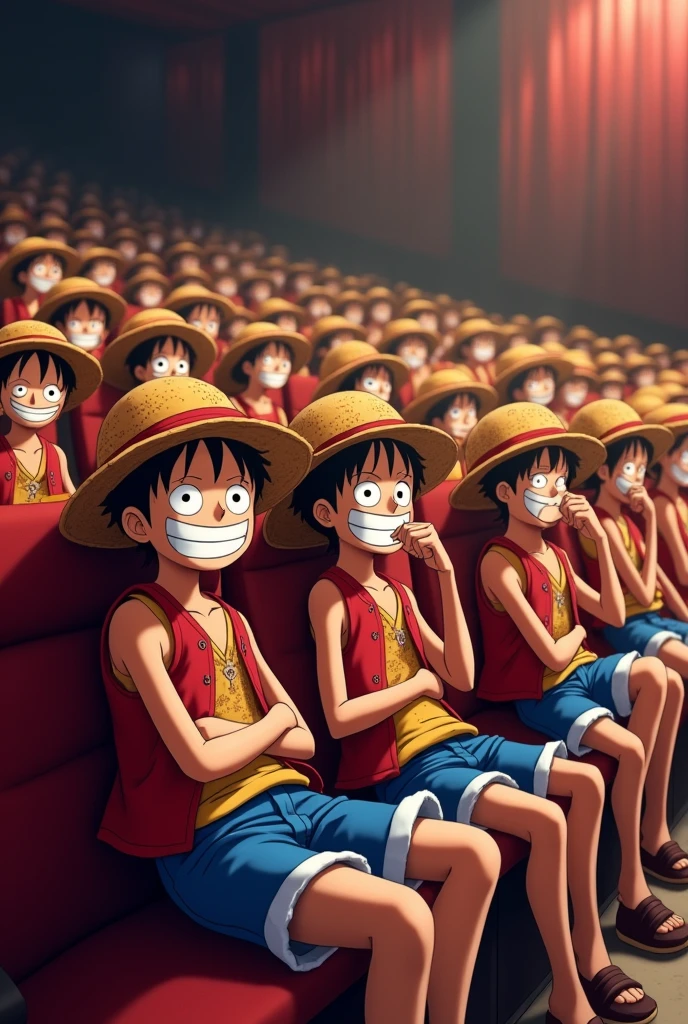Create 25 Luffy sitting together in the theater from side view