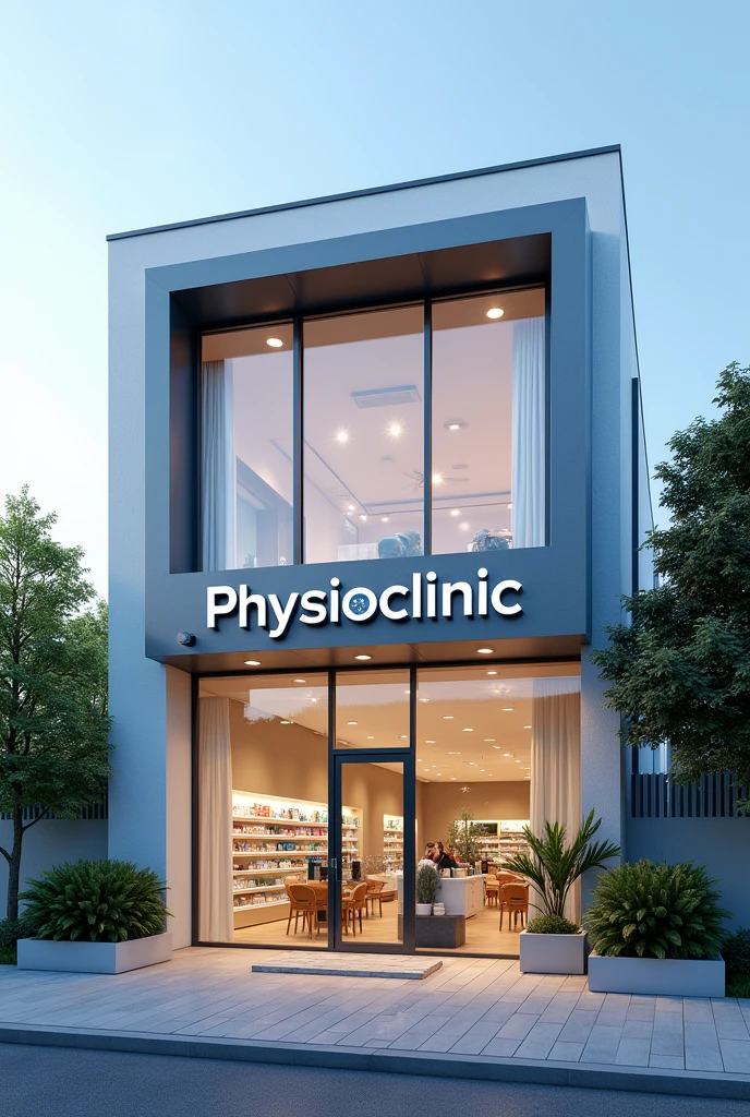 Create an image of a physiotherapy clinic with the name Physioclinic. The image should include the name and the facade of the clinic., downstairs there is a pharmacy