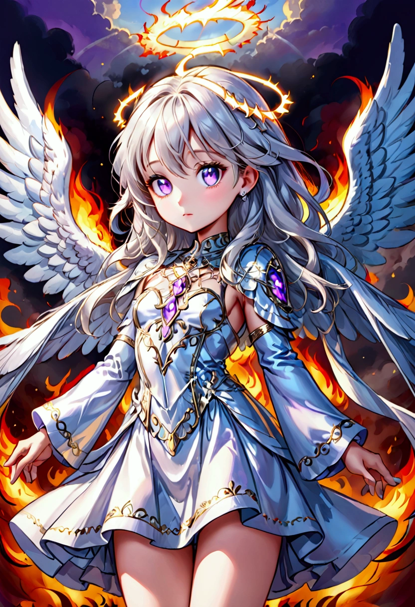 a female angel with platinum sky blue skin, silver light hair, three beautiful purple eyes, angel wings with eyes, wears a holy outfit (nice style cartoon)