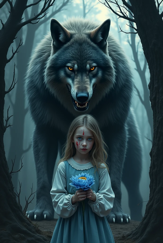 Create a book cover with an extremely scary werewolf with blood and terror at the entrance of a dark and dense forest with a young girl behind him, with long red hair, her face was full of scars, her eyes were honey colored, his skin was white , of angelic beauty, she was holding a blue peony in her hands staring at it, I want the image to have a written caption " The Girl in the Blue Cape" with beautiful and eye-catching handwriting