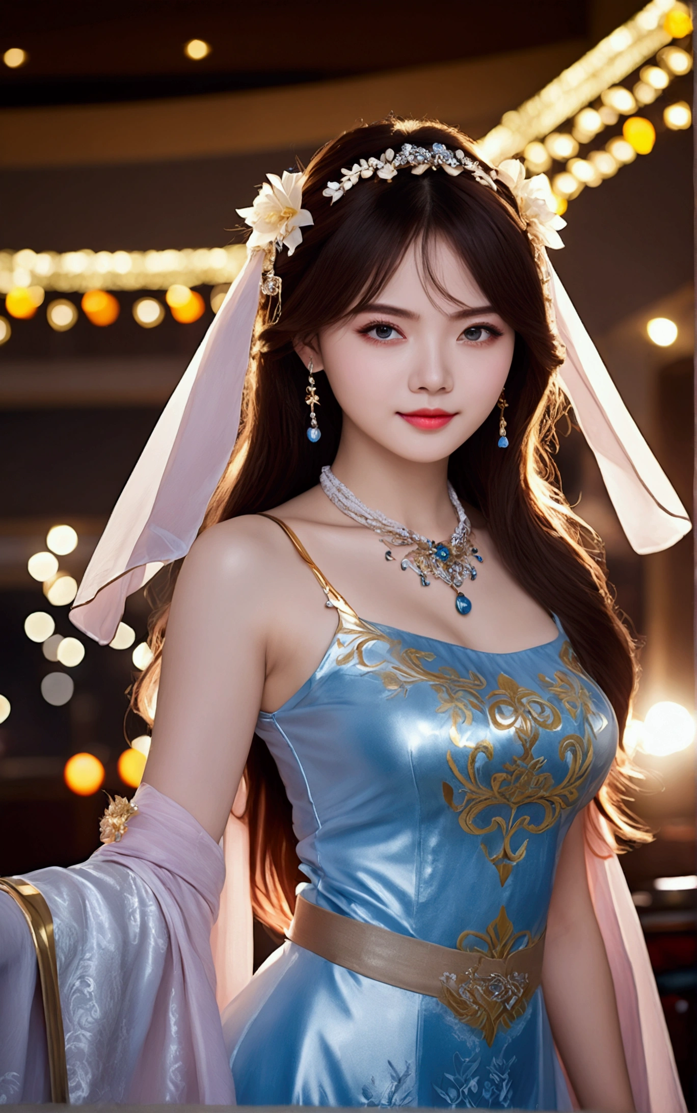 Best quality, Masterpiece, A high resolution, 1girll,china dress,hair adornments,necklace, jewelry,Beautiful face,after sexing_Body, Tyndall effect,Photorealistic, Dark Studio, rim lit, twotonelighting,(highdetailskin:1.2), 8K Ultra HD, Digital SLR, Soft lighting, High quality, voluminetric lighting, candid, photographed, high resolution, 4K, 8K, Bokeh