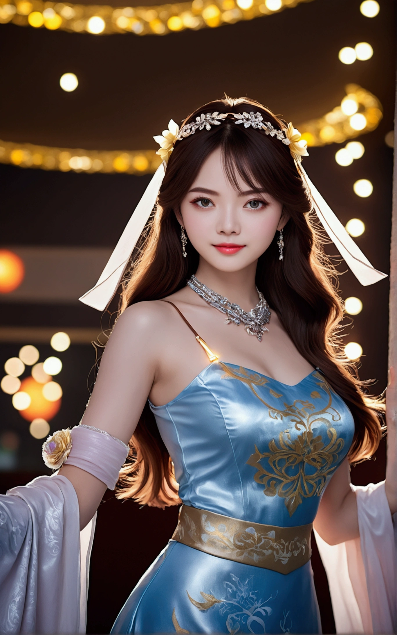 Best quality, Masterpiece, A high resolution, 1girll,china dress,hair adornments,necklace, jewelry,Beautiful face,after sexing_Body, Tyndall effect,Photorealistic, Dark Studio, rim lit, twotonelighting,(highdetailskin:1.2), 8K Ultra HD, Digital SLR, Soft lighting, High quality, voluminetric lighting, candid, photographed, high resolution, 4K, 8K, Bokeh