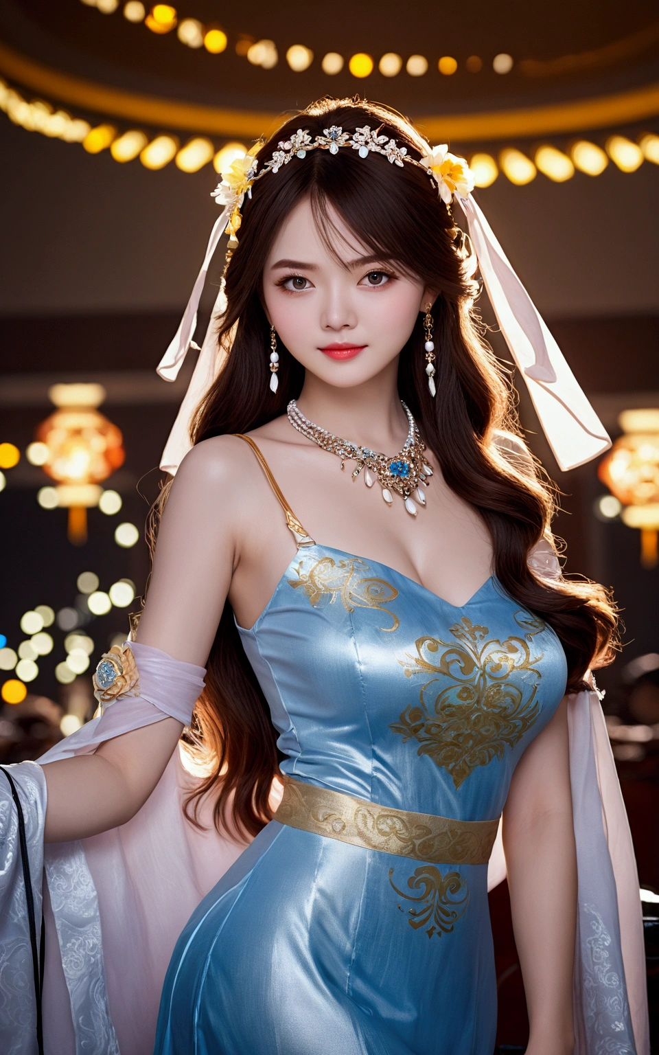 Best quality, Masterpiece, A high resolution, 1girll,china dress,hair adornments,necklace, jewelry,Beautiful face,after sexing_Body, Tyndall effect,Photorealistic, Dark Studio, rim lit, twotonelighting,(highdetailskin:1.2), 8K Ultra HD, Digital SLR, Soft lighting, High quality, voluminetric lighting, candid, photographed, high resolution, 4K, 8K, Bokeh