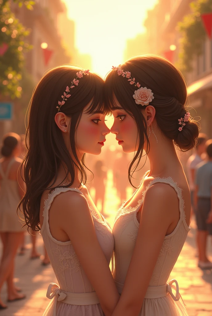  beautiful, masterpiece, best quality, extremely detailed face, perfect lighting, (1girl, solo, 1boy, 1girl, NemoNelly, Slight penetration, lying, on back, spread legs:1.5), street, crowd, ((skinny)), ((puffy eyes)), brown hair, medium hair, cowboy shot, medium breasts, swept bangs, walking, outdoors, sunshine, light_rays, fantasy, rococo, hair_flower, low tied hair, smile, half-closed eyes, ,dating, (Nude), nsfw, (heavy breathing:1.5) ,tears, crying, blush, wet, sweat,