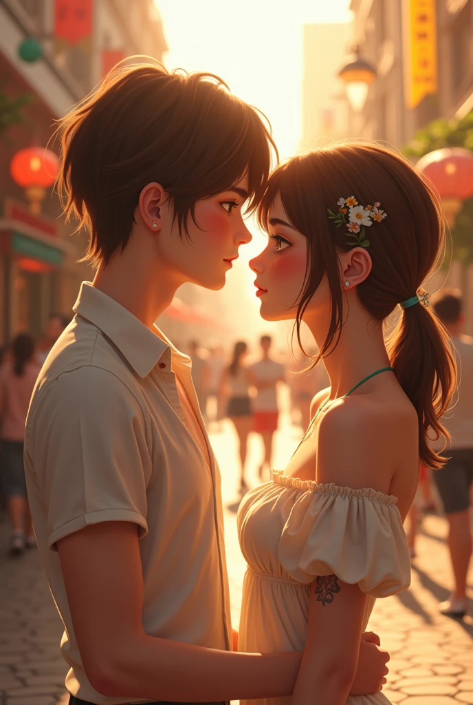  beautiful, masterpiece, best quality, extremely detailed face, perfect lighting, (1girl, solo, 1boy, 1girl, NemoNelly, Slight penetration, lying, on back, spread legs:1.5), street, crowd, ((skinny)), ((puffy eyes)), brown hair, medium hair, cowboy shot, medium breasts, swept bangs, walking, outdoors, sunshine, light_rays, fantasy, rococo, hair_flower, low tied hair, smile, half-closed eyes, ,dating, (Nude), nsfw, (heavy breathing:1.5) ,tears, crying, blush, wet, sweat,