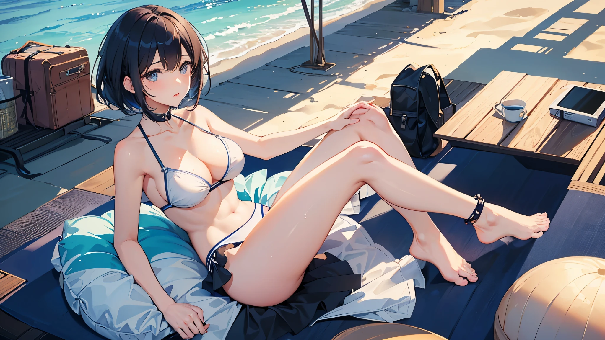 ((Highest quality)), ((masterpiece)), (detailed), One woman、Big boobs、Dark blue short hair、Kind expression、sexy figure、Navy blue and white competitive swimsuit、Pink ruffled miniskirt、Beach、hot summer、Slightly backlit、Nipples become erect、Female Genitalia、Spread your legs wide、Highest quality、Lots of sweat、Semen flowing from the genitals.、Sit and spread your legs、Looking up