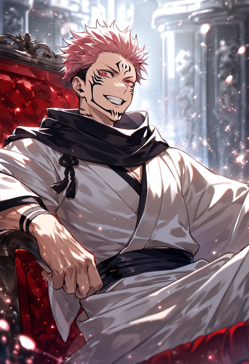 solo, Jujutsu Kaisen, Ryoumen Sukuna, handsome, manly, sexy man, expressive red eyes, pink hair, handsome smile, sadistic, black scarf, white kimono, fantasy, sparkling, blood particles, sitting on throne, UHD, masterpiece, best quality, highres, super detail, anatomically correct, accurate