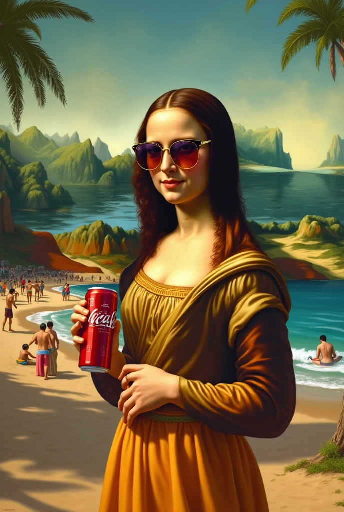Create an image of the Mona Lisa with a Brazilian aesthetic, holding a can of Coca-Cola in her hand, wearing sunglasses on the beach in Rio de Janeiro with Christ the Redeemer in the background.