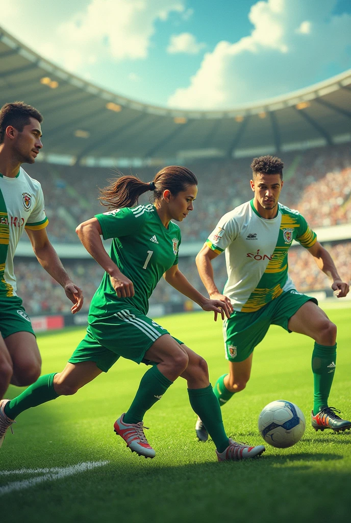 Green and white soccer uniforms