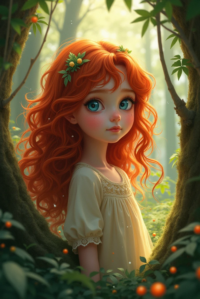 A girl that has red hair
Blue eyes In a forest