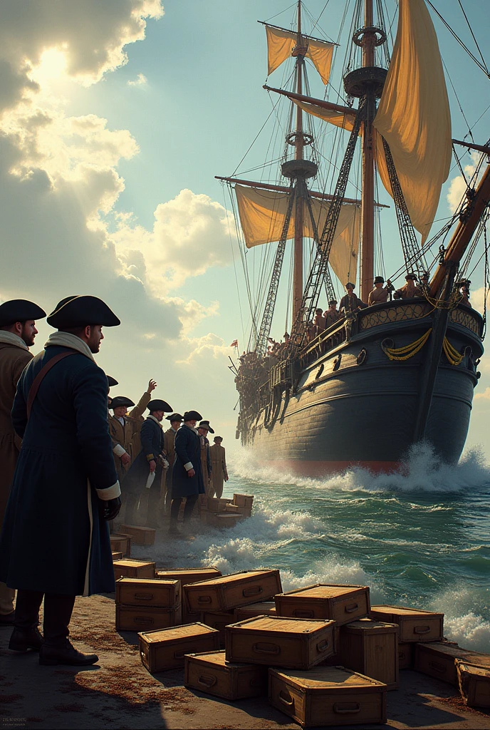 Some Americans are dropping tea into the water in front of some Britishers on their ships in Boston.