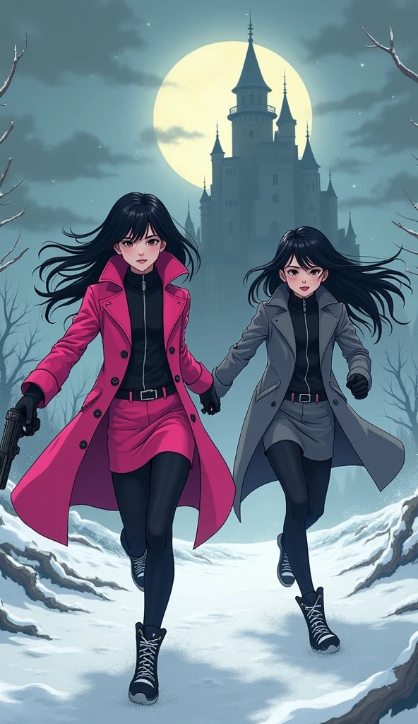 Two girls, long black hairs, yuri, Vampire Hunters
The first girl wear a pink long coat, black shirt, pink pencil skirt, black underpants, black tights, black gloves, white sneakers high top, holding a pistol gun on right hand.
The second girl wore a grey long coat, black shirt, grey pencil skirt, black underpants, black tights, black gloves, white sneakers high top, holding a pistol gun on left hand.
running forward and heading towards the vampire castle, snowing, grey blue sky, moon, cartoon novel, 4K, HD