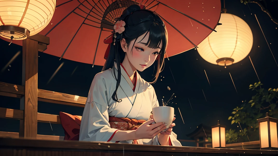 A very pretty Japanese woman in a kimono is sitting at a table on the deck of a ship,Outside, the rain is falling quietly The woman gazes at the rain with a quiet, gentle face. A single warm drink sits on the table. There is a nice soft light lamp on the table. Like Ukiyo-e Thin ink lines Ink Style Fine ink illustrations