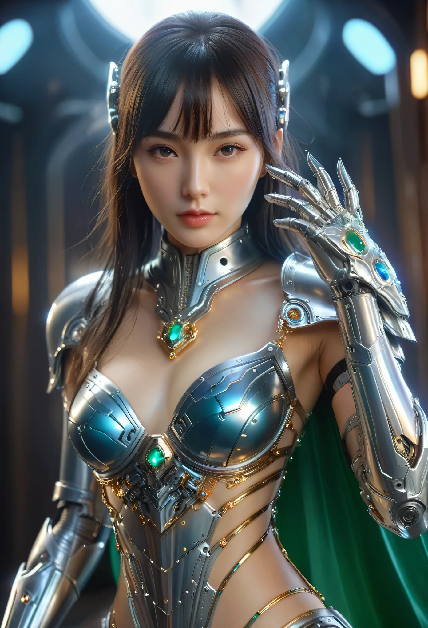 (Best Quality, 4K, 8K, High Resolution, Masterpiece: 1.2), (Super Detailed, Realistic, Photorealistic:1.37), A woman in futuristic clothing, (erotic and sexy:1.4), Trending on cgstation, Trending on cgstation, (Portrait of a girl in the Knights of the Zodiac:1.4), (blunt bangs:1.7), Cute Cyborg Girl, Perfect android girl, Portrait Astronaut Girl, Beautiful girl cyborg, Girl wearing iridescent and emerald mechanical cyber armor, Game CG, cgsociety and fenghua zhong, Beautiful Cyborg Shrine Maiden, Bioluminescence, (Gal Gadot:0.6), Anatomically correct grip, Anatomically correct four fingers and one thumb, (long claws:1.4), erotic and sexy, wearing a cape