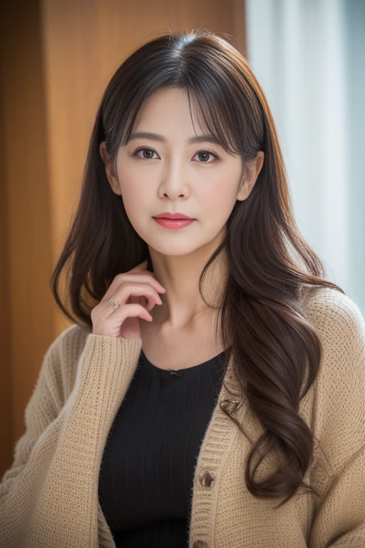 Highest quality。8K-Picture。RAW Photos、masterpiece、Realistic、photo Realistic、random、Fascinating、(Mature Woman)。Mature Woman彫刻アイドル。Beautiful woman with perfect style。she'Thin but with a medium chest。The charm of the gap。Married women、48 years old、Soft roundness of the chest、Delicate and precise facial features、Realistic背景、Medium chest、Sexy lips、Sensual smile、。Light brown hair。(Big Breasts:1.0)。Cute eyes。double eyelid。for a long time, Wavy Hair。((office lady、suit、black gray outerwear、skirt、suitと白いシャツを着て写真を撮ります。))。(The fate of gravure idols、Big Breasts:1.0)。Smiles and shyness。