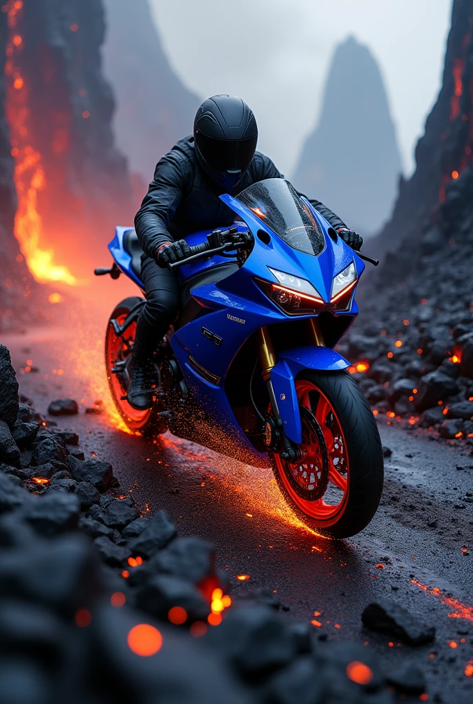 Yamaha FZ25 motorcycle going down an active volcano.