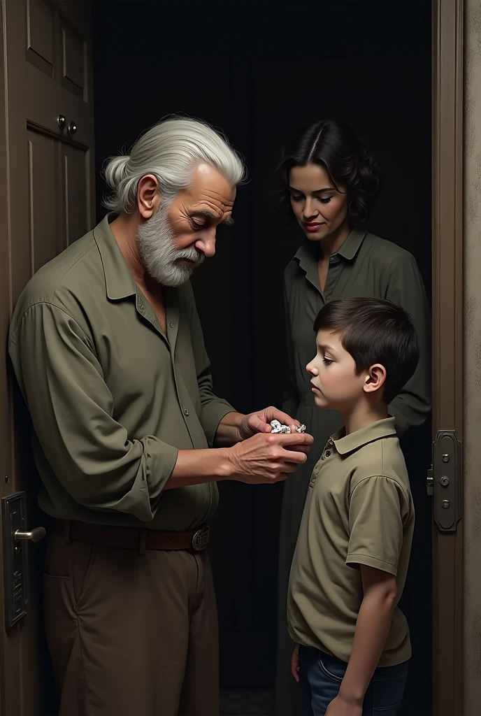 A man is standing in front of the room door, the man is being given a dressing by his elderly father, mother is watching