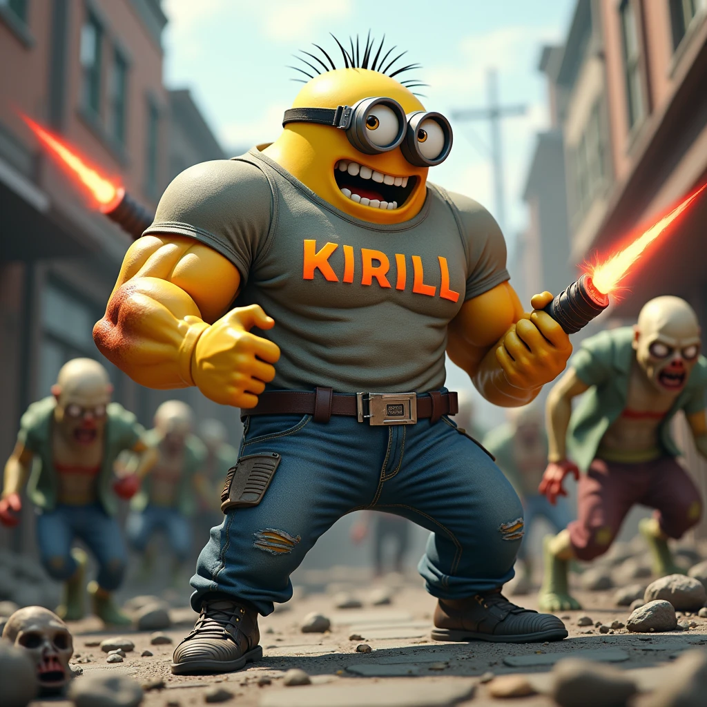 Minion with the name Kirill on a t-shirt, A bodybuilder who shoots zombies in 3D