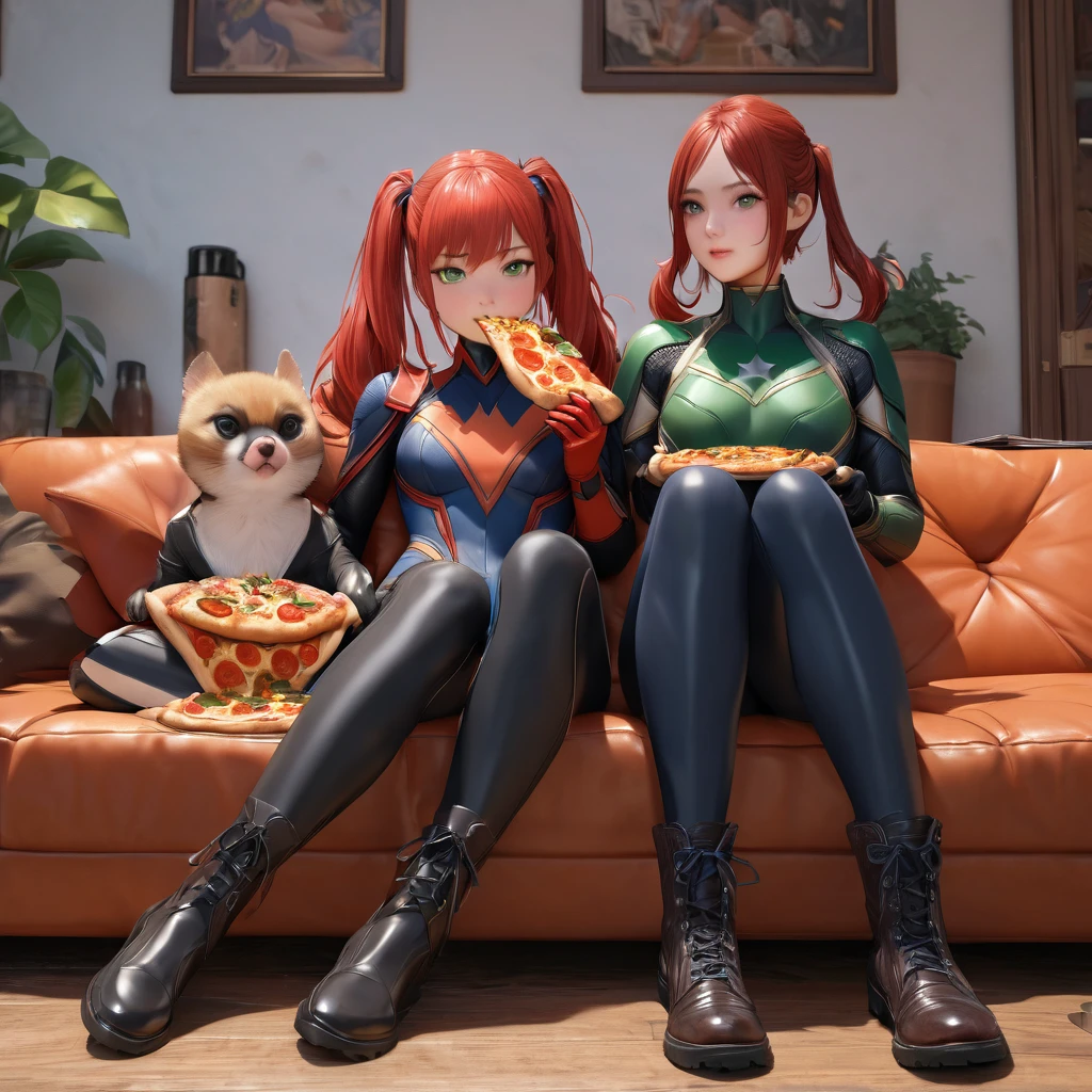 (best quality,4k,8k,highres,masterpiece:1.2), ultra-detailed, (realistic,photorealistic,photo-realistic:1.37),(Numerous award-winning masterpieces, incredibly detailed and textured, maximal resolution and clarity), (Hyper-realistic:1.4), (Realistic:1.3), super quality, beautiful detail, super detailed, extra fine, 16K, exquisite, absurd, high resolution. Two friends sit comfortably on a sofa, sharing pizza and watching their favorite TV show. One is a superheroine wearing a stylish black leotard, red lightning bolt on her chest, red gloves, and a black mask. She has red hair styled in playful pigtails and friendly green eyes. She's relaxed, enjoying a drink with her feet up. The other companion is a small, green-skinned man, dressed in a navy blue outfit and black boots, happily enjoying a slice of pizza beside her. Living room.