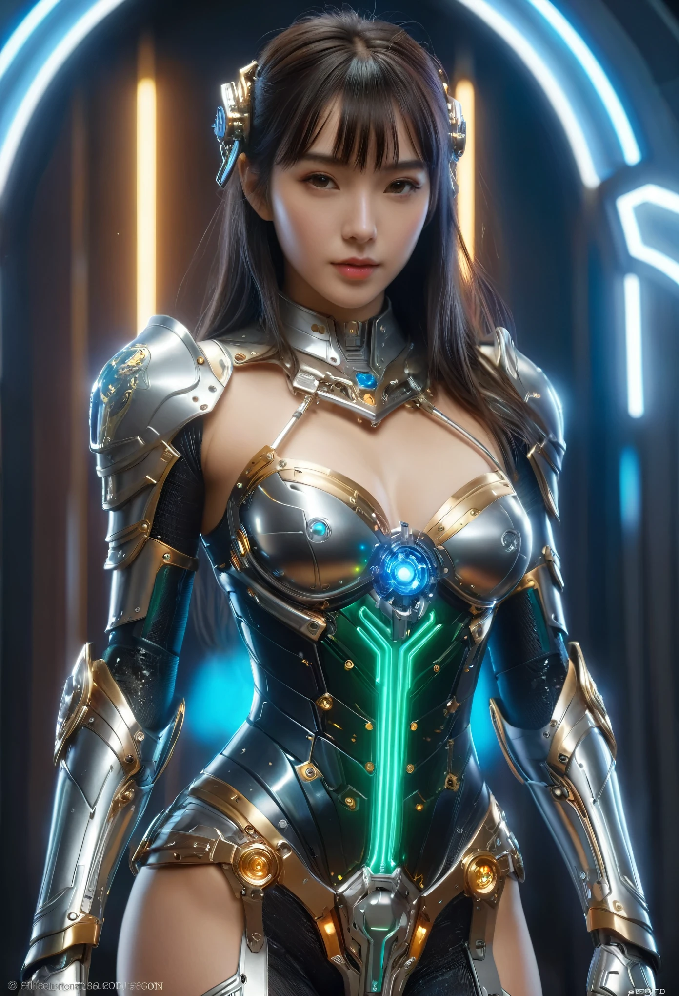 (Best Quality, 4K, 8K, High Resolution, Masterpiece: 1.2), (Super Detailed, Realistic, Photorealistic:1.37), A woman in futuristic clothing, (erotic and sexy:1.4), Trending on cgstation, Trending on cgstation, (Portrait of a girl in the Knights of the Zodiac:1.4), (blunt bangs:1.7), Cute Cyborg Girl, Perfect android girl, Portrait Astronaut Girl, Beautiful girl cyborg, Girl wearing iridescent and emerald mechanical cyber armor, Game CG, cgsociety and fenghua zhong, Beautiful Cyborg Shrine Maiden, Bioluminescence, (Gal Gadot:0.6), Anatomically correct grip, Anatomically correct four fingers and one thumb, (long claws:1.4), erotic and sexy, wearing a cape