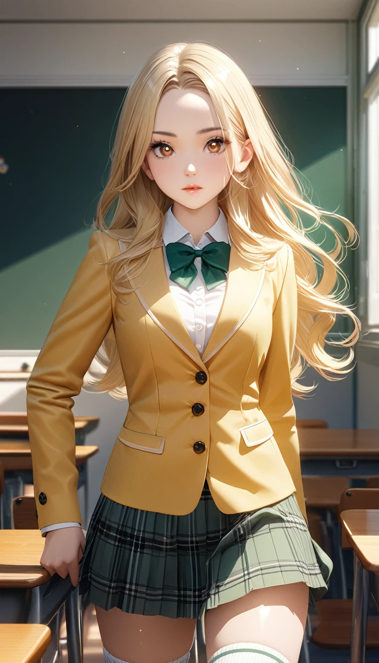 (masterpiece,ultra-detailed,best quality,8K,CG,realistic,illustration:1.2),(perfect-composition,detailed beautiful face,Clean skin,photographical skin,shiny skin,shiny hair, photographical hair,ultra detailed eyes,shaved,kawaii,uncensored:1.1),1girl, solo, long hair,forehead, blonde hair,brown eyes,winter school uniform, green bowtie, white shirt, yellow blazer, buttoned blazer,plaid skirt, green skirt,thigh socks,from front,embarrassing,standing posture,in classroom