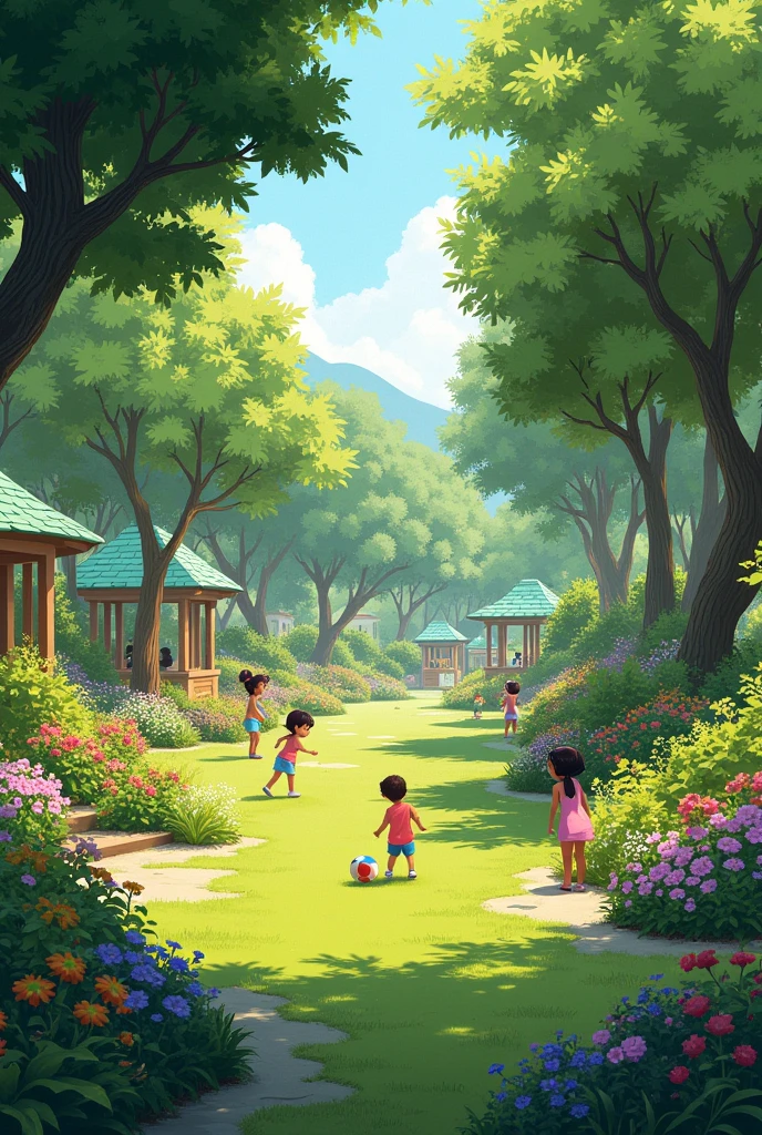 Garden space with green space, flores , trees and games with intention 