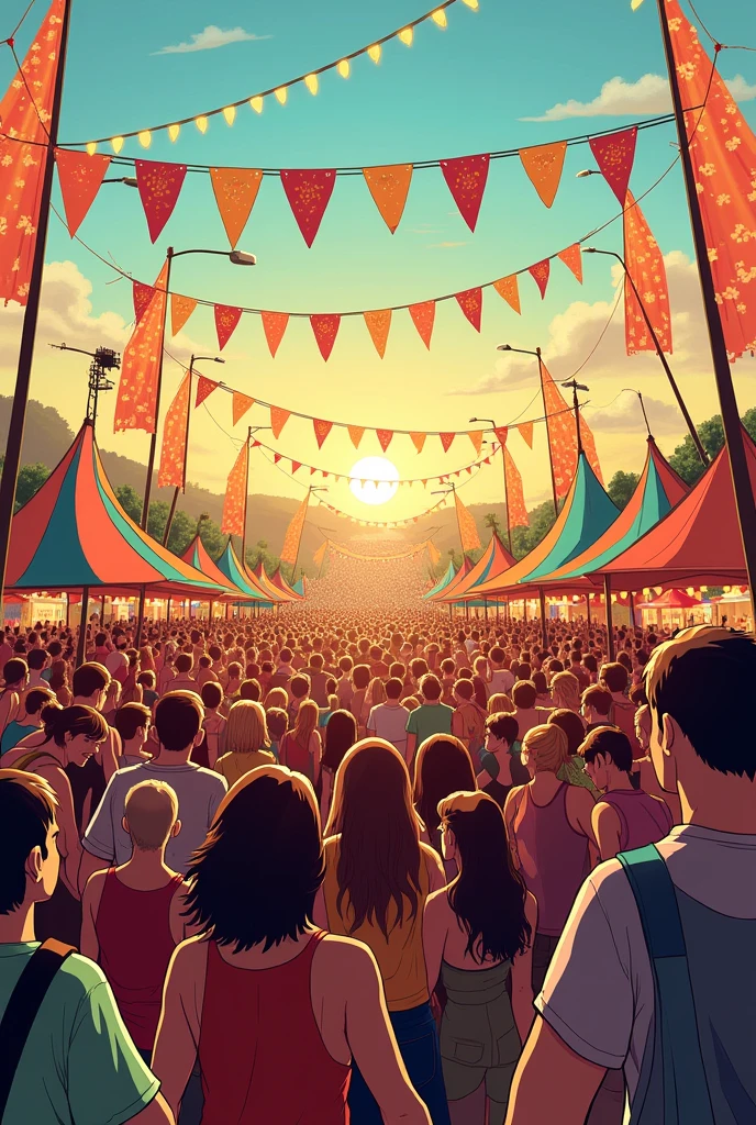 Create 2D drawings for a music festival. These drawings must have warm colors and bring happiness
