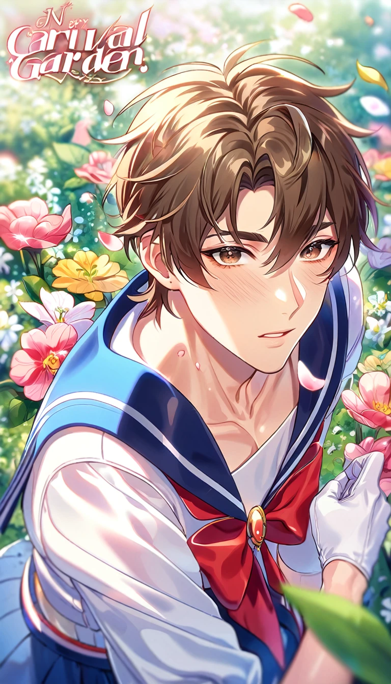 absurdres, highres, ultra detailed, HDR, master piece, best quality, extremely detailed, detailed eyes, Eiden, brown hair, expressive brown eyes, Nu Carnival, solo, sexy man, handsome, horny, fantasy, accessories, long white gloves, sailor moon uniform, white shirt, red ribbon, blue skirt, spring, flowers, green leaves, magical garden, white fantasy, petals, sailor moon