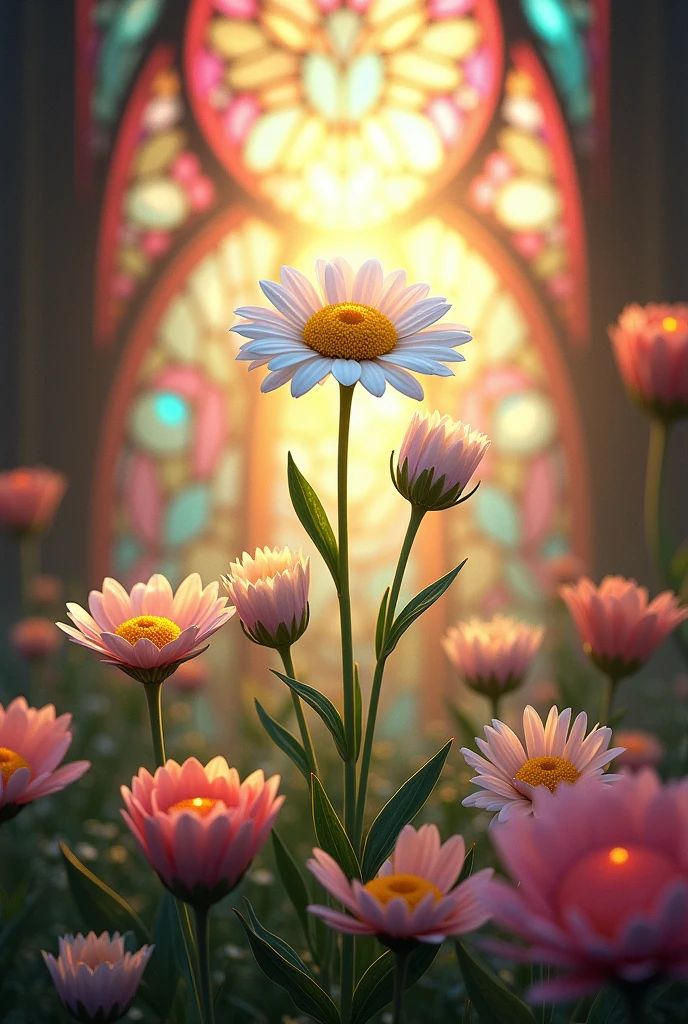 A Daisy blooming in a stained glass window of eternal flowers