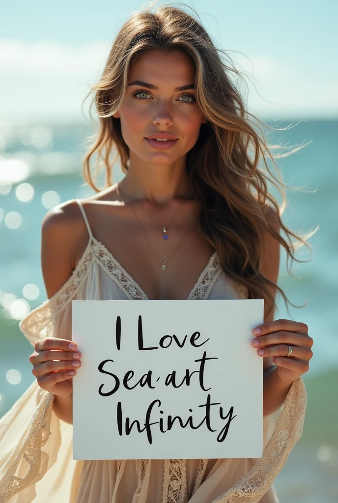 Beautiful girl with wavy long hair, bohemian dress, holding a white board with text "I Love Seaart Infinity" and showing it to the viewer