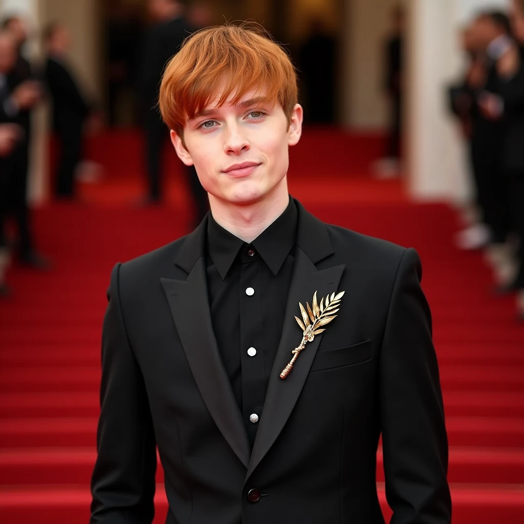 Young red-haired singer man with short straight hair, on a red carpet wearing a suit with elegant leaf details