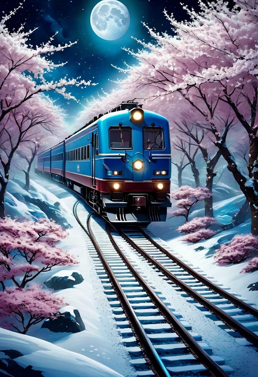 **Prompt:**
A mesmerizing image of a train crossing through a dark, snow-covered environment, surrounded by cherry blossoms gently falling. The moon illuminates the scene, casting a serene glow on the red and blue gradient background. The composition blends elements of dark fantasy and surreal realism, with intricate details, soft contrasts, and a hauntingly beautiful atmosphere —ar 2:3 —q 2 —v 5.1.