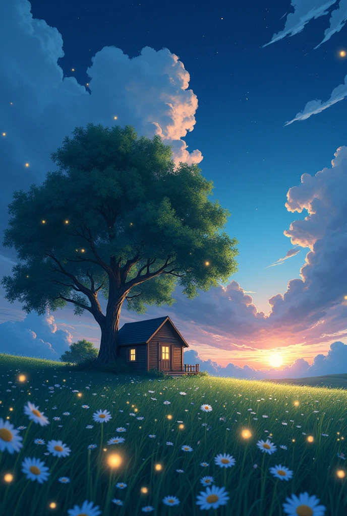 anime-realistic scene of a cabin under a tree, in a field with daisy flowers, that serene night, quiet, clouds, with some small fireflies emerging from the grassland,ULTRA Style Kilian Eng and Thomas Kinkade, Rob Gonsalves and Tim White , silvain sarriel. Rhads and Thomas Kinkade, inspired by RHADS, cyril rolando and m.I&#39;m confused, cyril rolando and m. I&#39;m confused, Rhads!!!, animated background, animated background art, beautiful anime scene, sobre las clouds, Kilian Eng y Thomas Kinkade, Rob Gonsalves y Tim White., silvain sarriel, Rhads y Thomas Kinkade, inspired by RHADS, cyril rolando and m.I&#39;m confused, cyril rolando and m. I&#39;m confused, Rhads!
