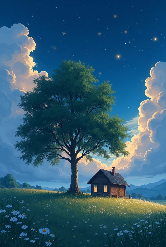 anime-realistic scene of a cabin under a tree, in a field with daisy flowers, that serene night, quiet, clouds, with some small fireflies emerging from the grassland,ULTRA Style Kilian Eng and Thomas Kinkade, Rob Gonsalves and Tim White , silvain sarriel. Rhads and Thomas Kinkade, inspired by RHADS, cyril rolando and m.I'm confused, cyril rolando and m. I'm confused, Rhads!!!, animated background, animated background art, beautiful anime scene, sobre las clouds, Kilian Eng y Thomas Kinkade, Rob Gonsalves y Tim White., silvain sarriel, Rhads y Thomas Kinkade, inspired by RHADS, cyril rolando and m.I'm confused, cyril rolando and m. I'm confused, Rhads!