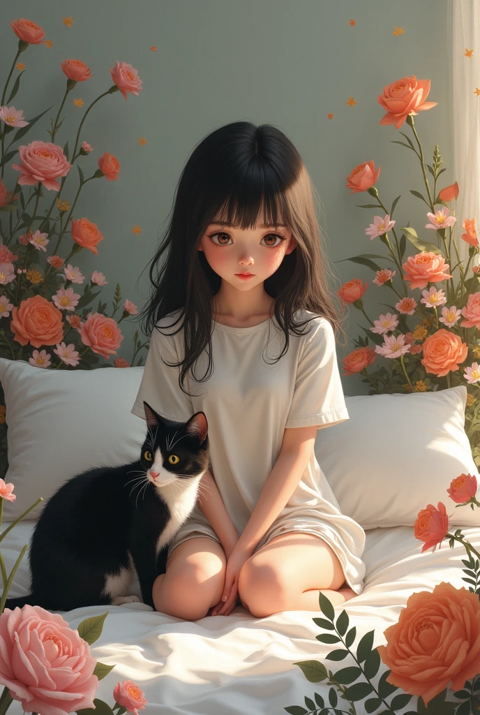 14 year old girl (adolescent, no girl) sitting on her bed with a medium sized black and white cat surrounded by flowers