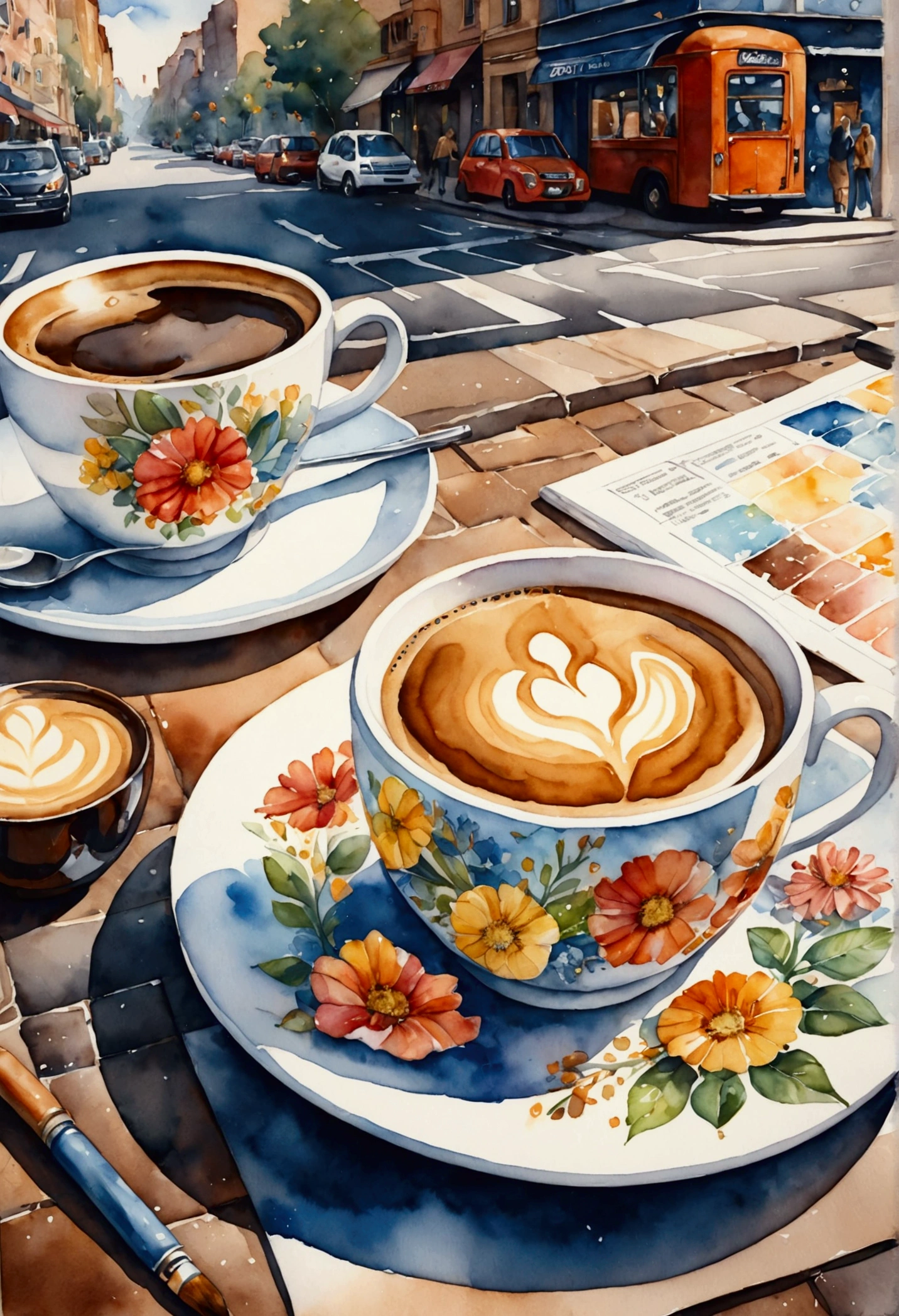 Painting of a cup of coffee. Trend Aquarell, detailed, realistic rendering, Streetstyle, Astrology