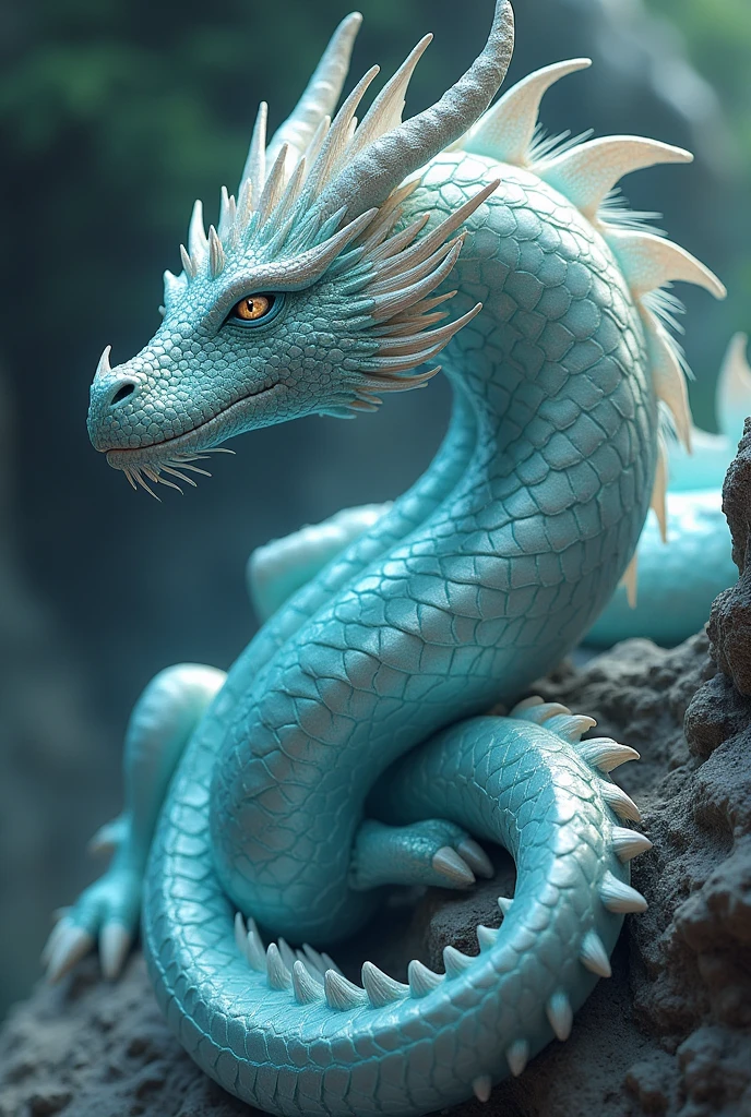 The silver dragon with turquoise reflections and silver eyes.