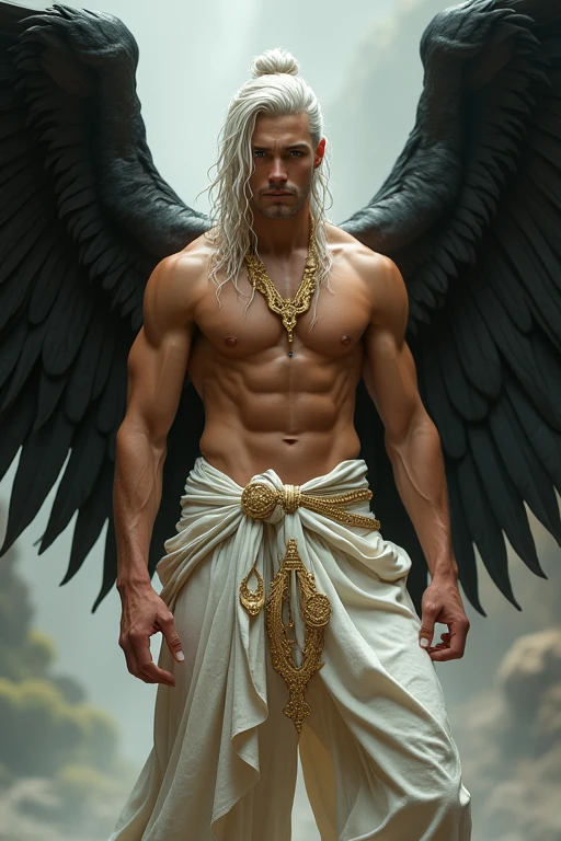 Sure thing!
Male angel
Muscular and hot
Very handsome
Long, wavy white hair with a bun.
Lean face with golden eyes.
A small scar on his cheek.
An Ouroboros necklace.
Tall with a muscular build.
Very fair skin.
White loose outfit with golden patterns.
Golden, dark wings.
Extremely hot and sexy